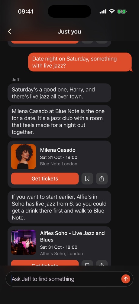 Asking Jeff for a jazz date night on Saturday, with two picks