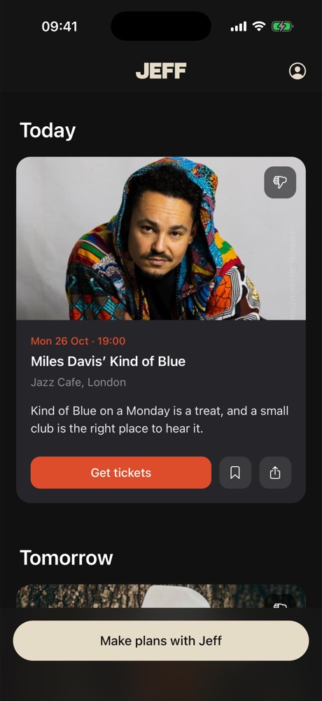Jeff's home feed, with a jazz night at the Jazz Cafe today